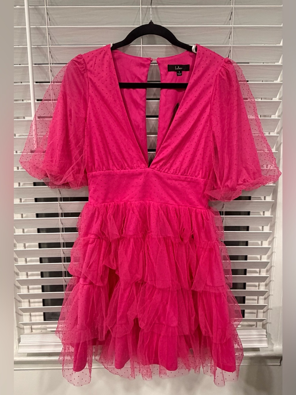 LULUS Dramatic Poise Hot Pink Dot Tulle Puff Sleeve Tiered
Mini Dress
